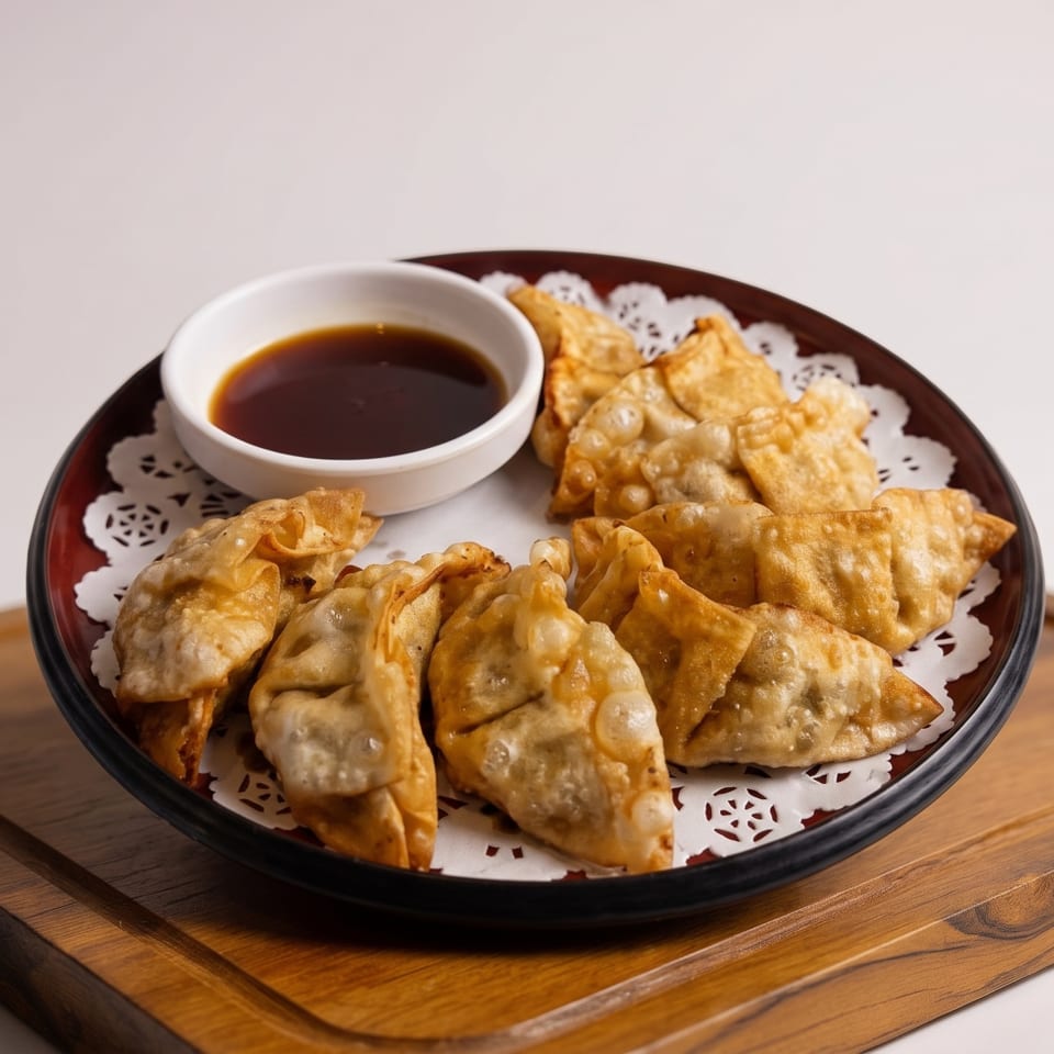 A plate of golden-brown fried dumplings with a side of dark dipping sauce on a wooden board.