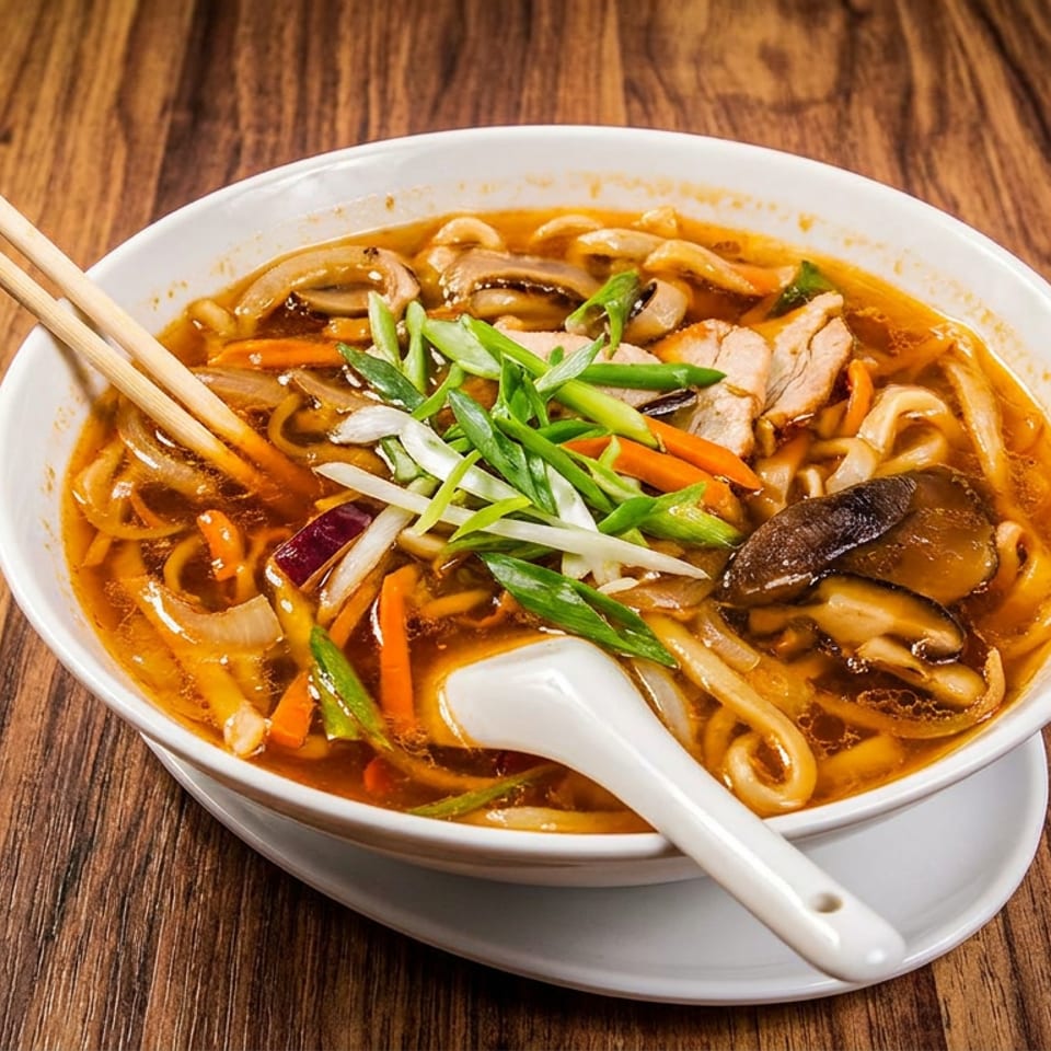 A bowl of ramen with chicken, mushrooms, carrots, onions, and green onions on a wooden table.