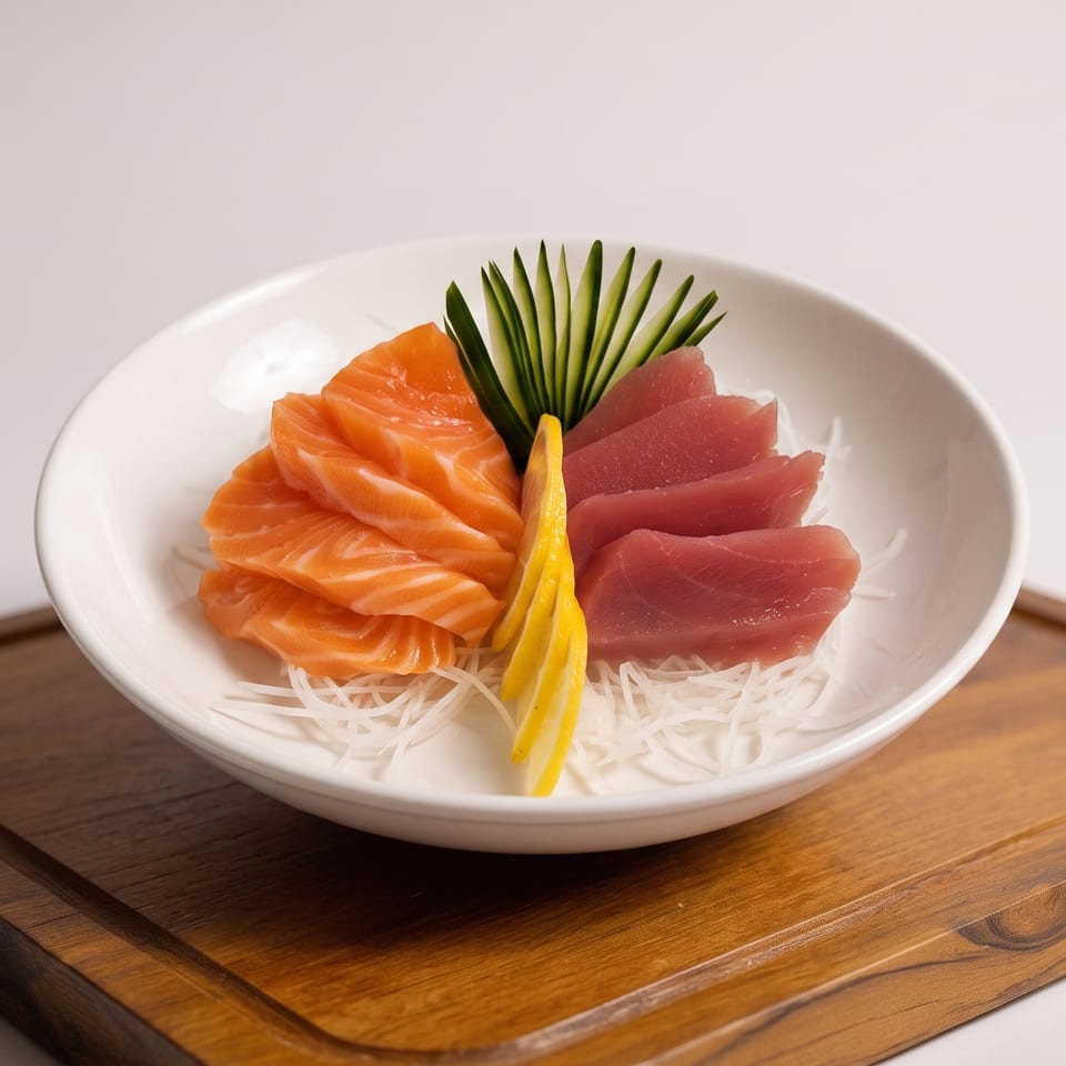 A white bowl of salmon and tuna sashimi, garnished with cucumber and lemon, on a wooden board.