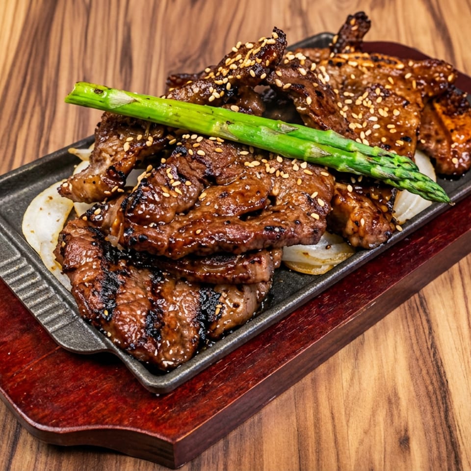 Sizzling beef with sesame seeds, onions, and asparagus on a cast iron plate.